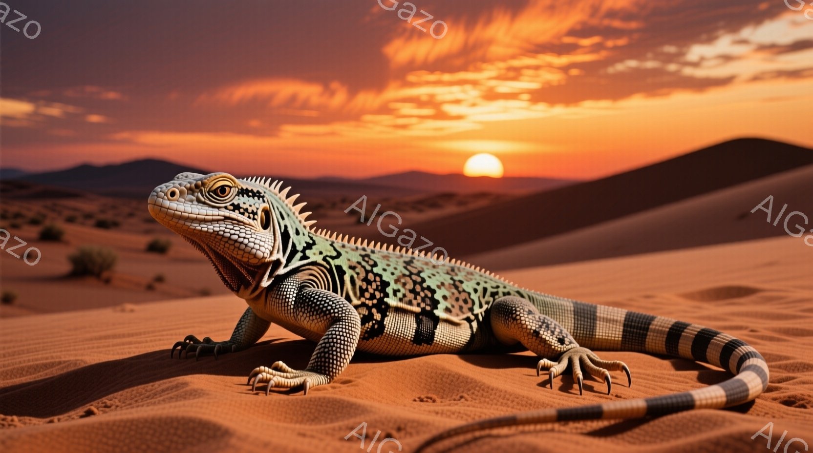 砂漠の砂の上に、鮮やかな模様のトカゲが横たわっている。トカゲは青と黒の縞模様の体と、鮮やかな青色の背中に黒い斑点がある。背景にはオレンジ色の夕焼けと遠くの山々が見え、暖かく乾燥した雰囲気を醸し出してい - AI生成フリー素材