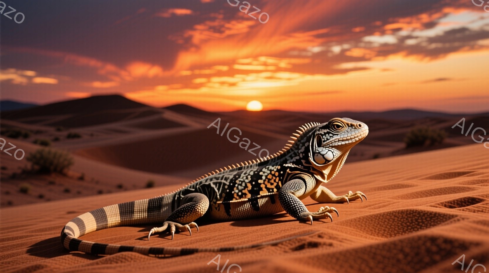 広大な砂漠の中に、鮮やかな色彩のイグアナが横たわっている。その体は、黒と白の縞模様、緑色の斑点で覆われ、鋭い爪と力強い四肢を持つ。背景には、夕焼けのオレンジ色の空と、遠くに見える砂丘が広がり、静寂で力強い雰囲気を醸し出している。