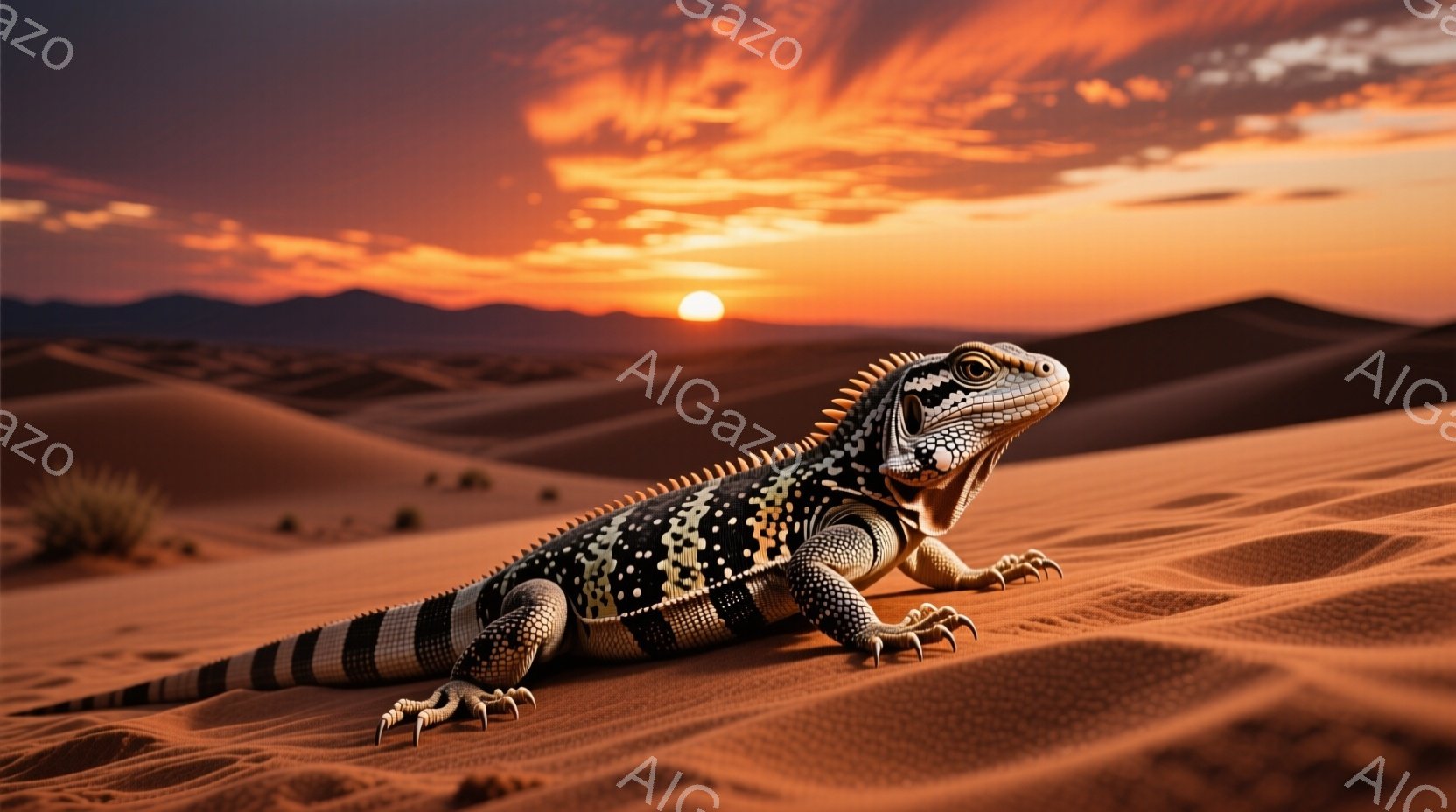 砂漠の砂丘の上に、模様の美しいトカゲが横たわっている。夕焼け空の下、その体は白と黒の縞模様と小さな斑点で覆われ、強い日差しに照らされている。背景には起伏のある砂丘が広がり、遠くにはぼんやりとした山々が - AI生成フリー素材