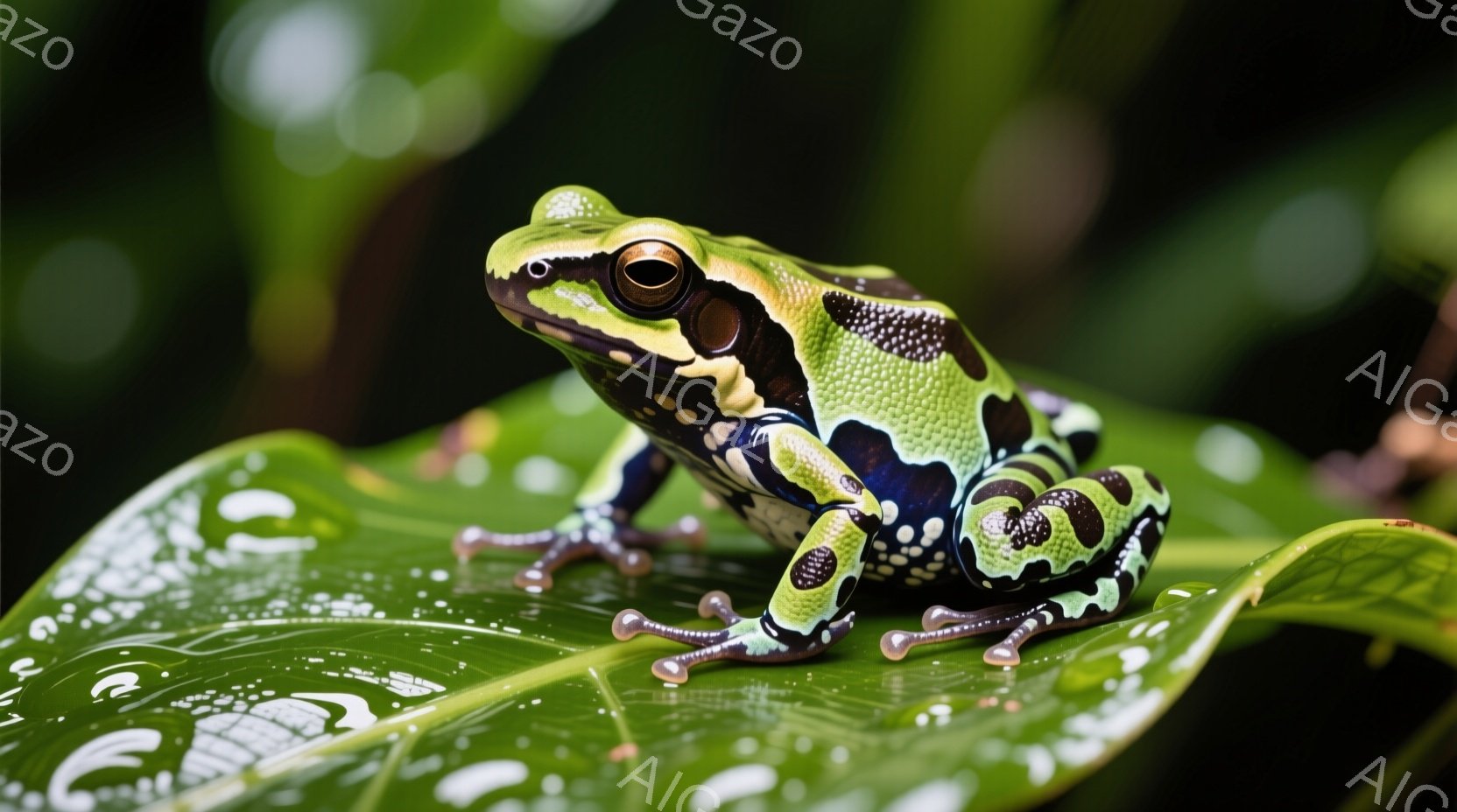鮮やかな緑色のカエルが、水滴の付いた大きな葉の上に座っています。カエルの体には黒と白の模様が特徴的で、つややかな光沢があります。背景はぼやけた緑色で、熱帯雨林のような湿潤な雰囲気が漂っています。