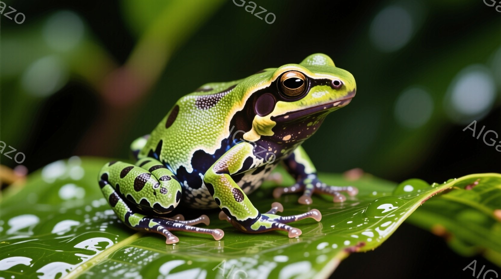 鮮やかな緑色と黒色の斑点を持つアマガエルが、大きな緑色の葉の上に座っています。その目は金色で、足はピンク色と黒色のストライプ模様です。背景は緑豊かな植物で覆われ、葉には水滴が見られ、雨上がりの湿った熱帯雨林の雰囲気が漂っています。
