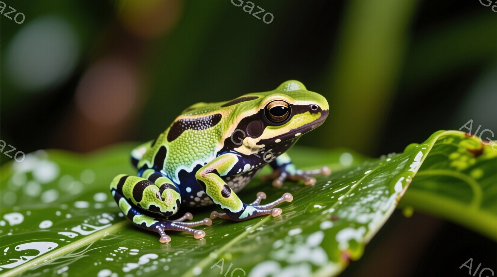 鮮やかな青と緑の模様を持つ小さなカエルが、明るい緑色の葉の上に座っています。そのカエルは黒い瞳を持ち、少し上目遣いをしており、葉の質感とカエルの鮮やかな色彩が対照的です。背景は緑豊かな植物で覆われており、湿った熱帯雨林の雰囲気を醸し出しています。