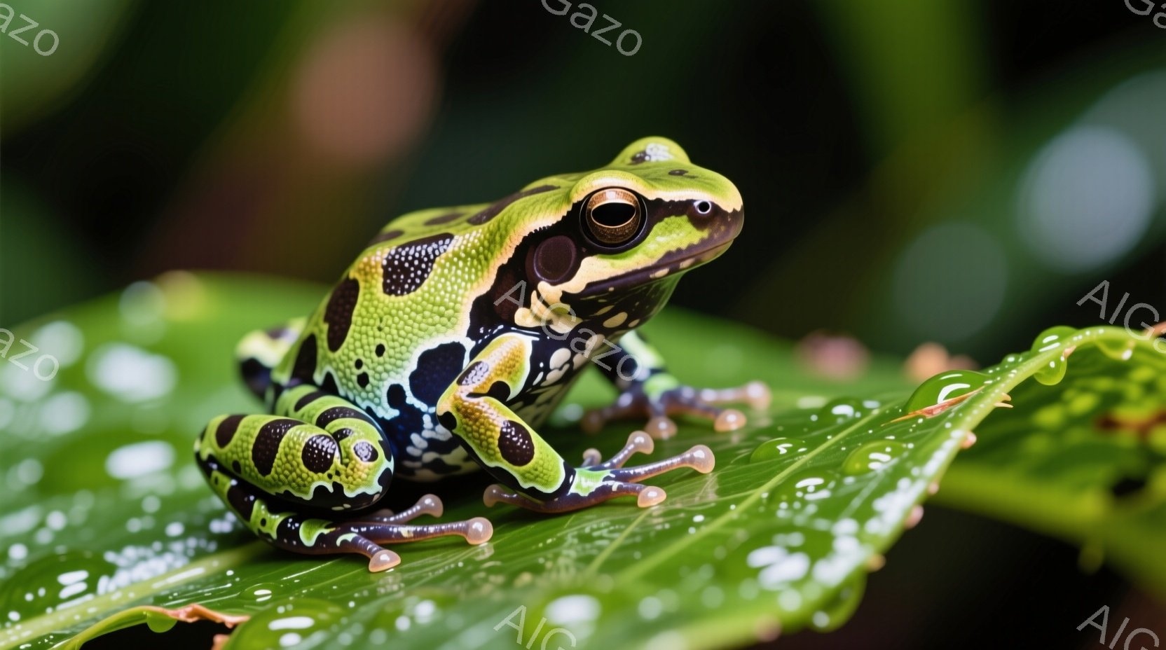 鮮やかな緑色の葉の上に、黒い斑点模様の小さなカエルが座っています。カエルは大きなオレンジ色の瞳でこちらを見つめ、前足は葉の表面に、後足は葉の縁に置いているため、安定した姿勢を保っています。葉には水滴がついており、雨上がりの湿った自然の中で撮影された様子が伺えます。