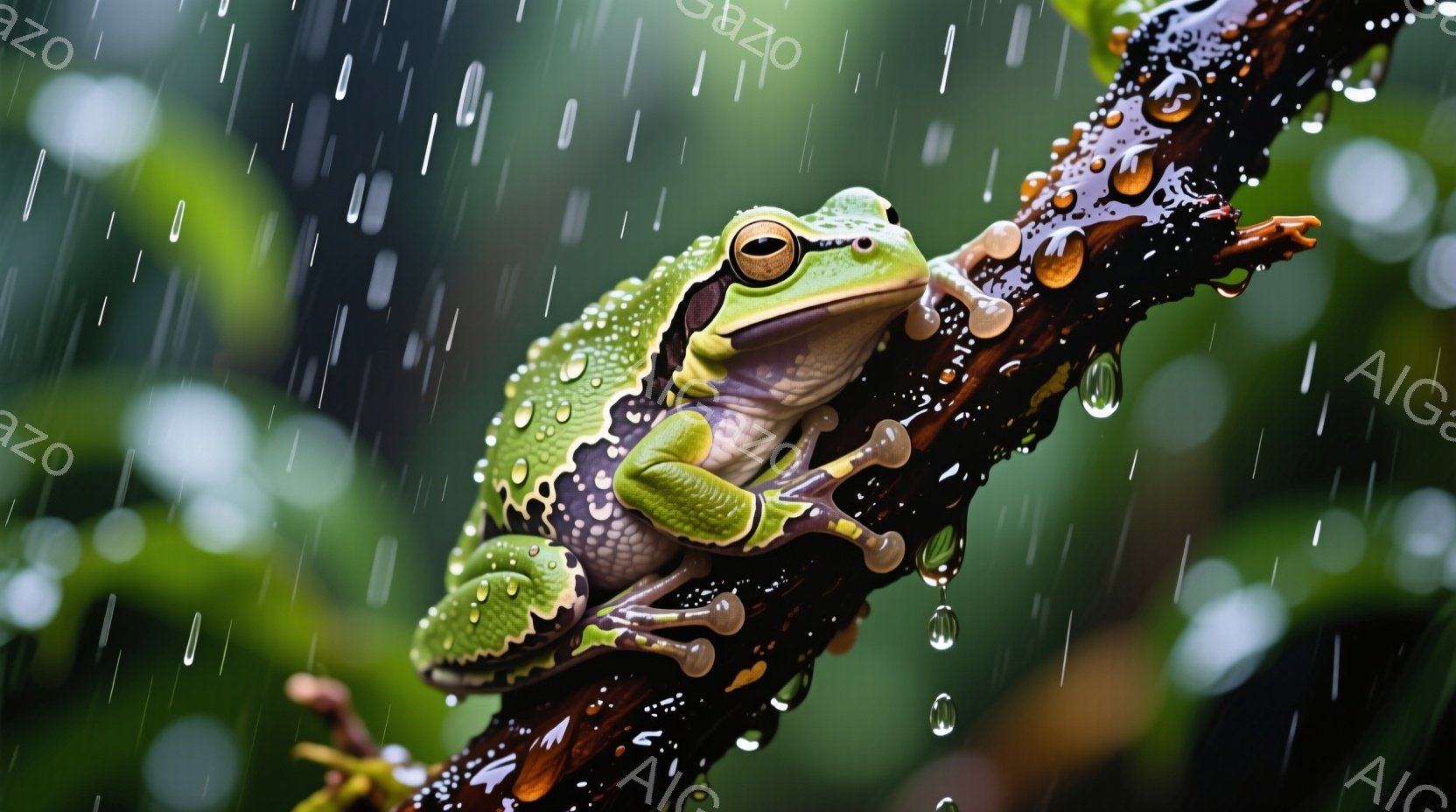 雨に濡れた緑色のカエルが木の枝にしっかりと掴まっています。そのカエルの体には雨粒が光り、木の枝も雨で濡れて輝いています。背景は緑豊かな自然で、雨が降り注ぎ、湿った雰囲気が漂う、生命力に満ちた瞬間が捉えられています。
