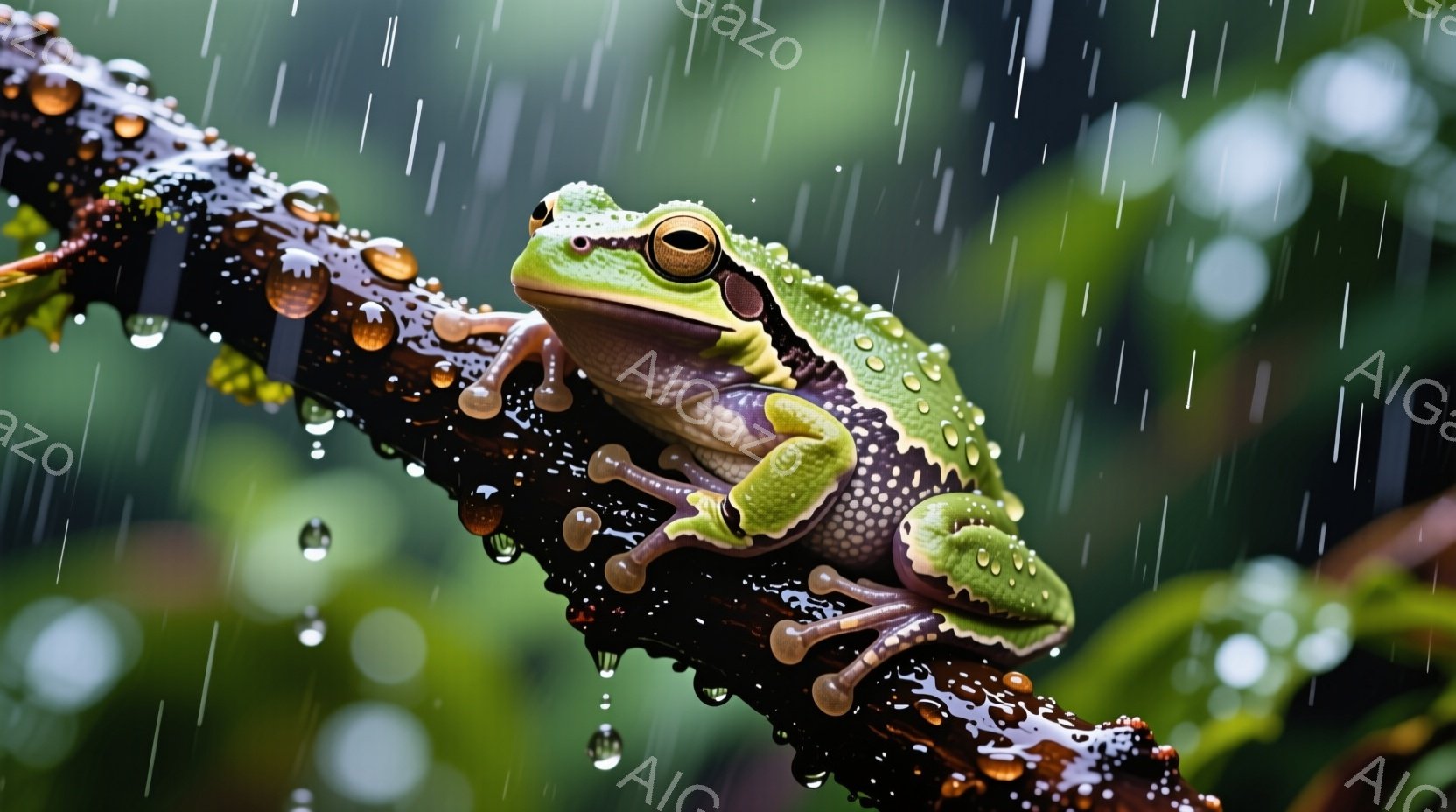 雨粒に濡れた緑色のカエルが、黒い枝にしっかりと掴まっています。カエルの肌には水滴が輝き、背景には緑色の葉がぼやけて見え、雨の日のしっとりとした雰囲気を醸し出しています。カエルの目はわずかに開き、周囲を警戒しているような、あるいはリラックスしているような表情をしています。