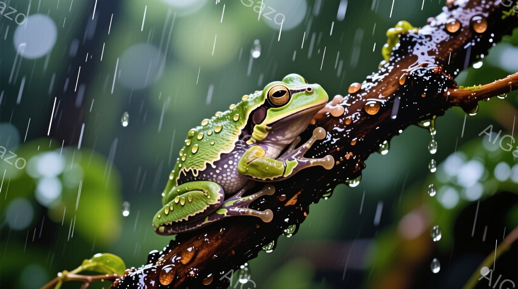 鮮やかな緑色のカエルが、雨に濡れた茶色の枝にしっかりと掴まっています。雨粒がカエルの体や枝に付着し、全体的にしっとりとした質感を強調しています。背景は緑色のぼやけた植物で、雨が降り注ぐ自然の中で、カエルが静かに休息している様子がうかがえます。