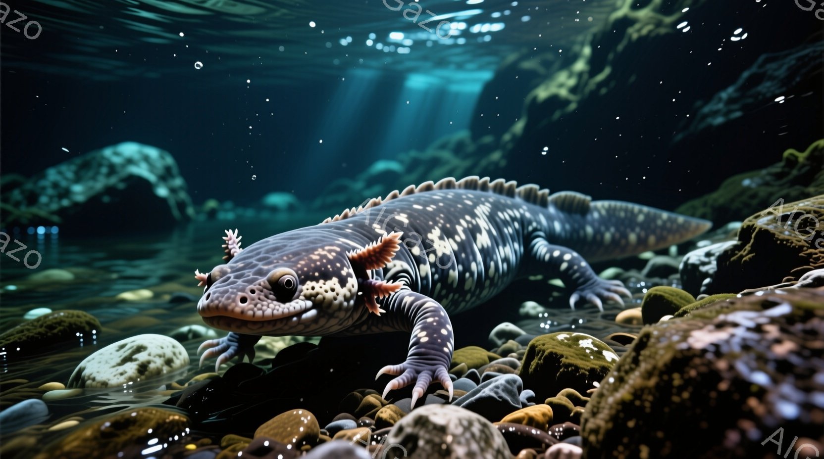 岩が散らばる水中の洞窟にいる、特徴的な模様のオオサンショウウオを描いています。オオサンショウウオは紫がかった灰色で、頭部には鮮やかな赤い斑点があり、体の側面に沿ってギザギザのひだがあります。周囲は暗く、水中に光が差し込み、神秘的で静謐な雰囲気を醸し出しています。