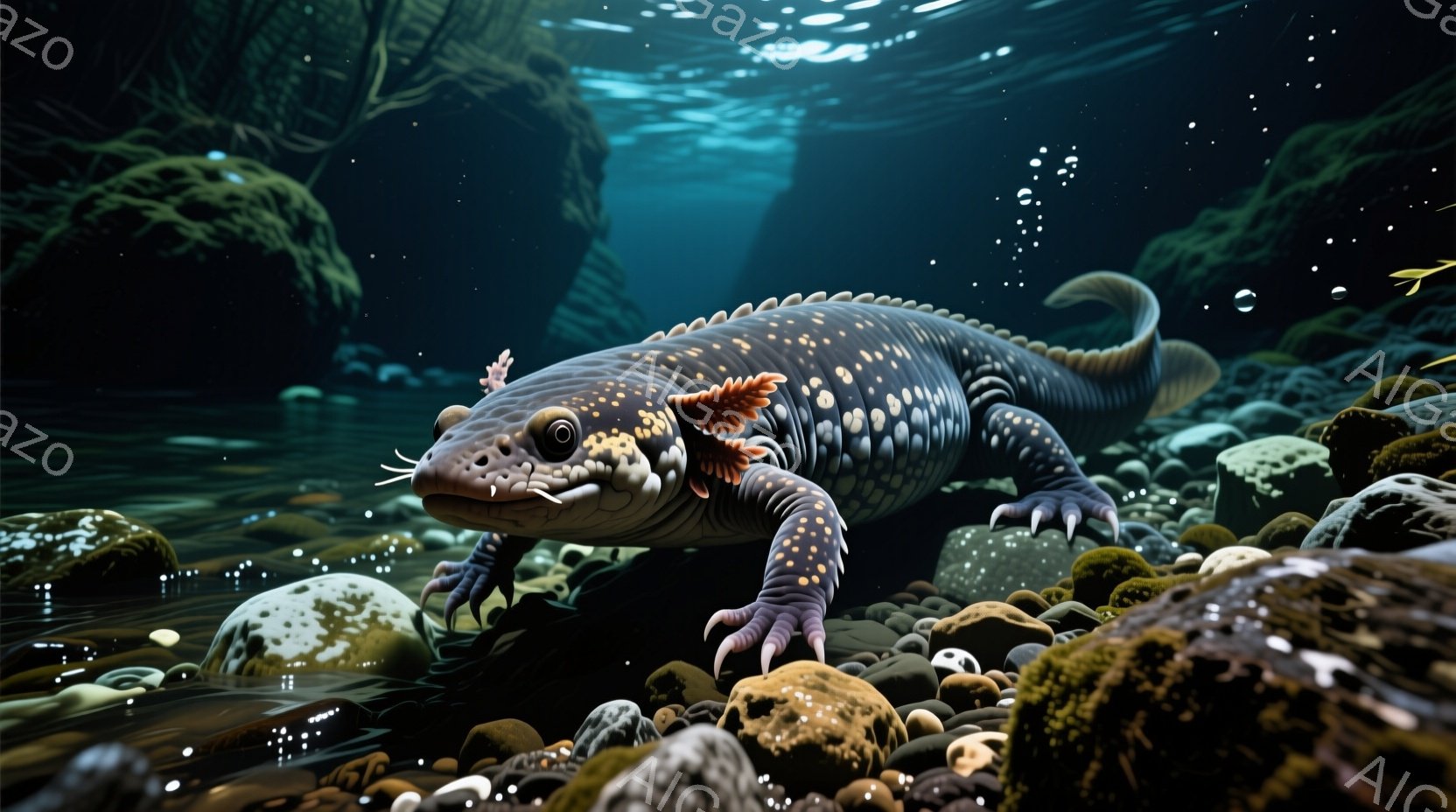 岩の上に鮮やかなオレンジと黒の模様を持つサンショウウオが横たわっています。背景には緑豊かなコケと水の流れが見え、湿った森の奥深くを思わせます。全体的に、自然の美しさと静寂が感じられる、落ち着いた雰囲気の写真です。