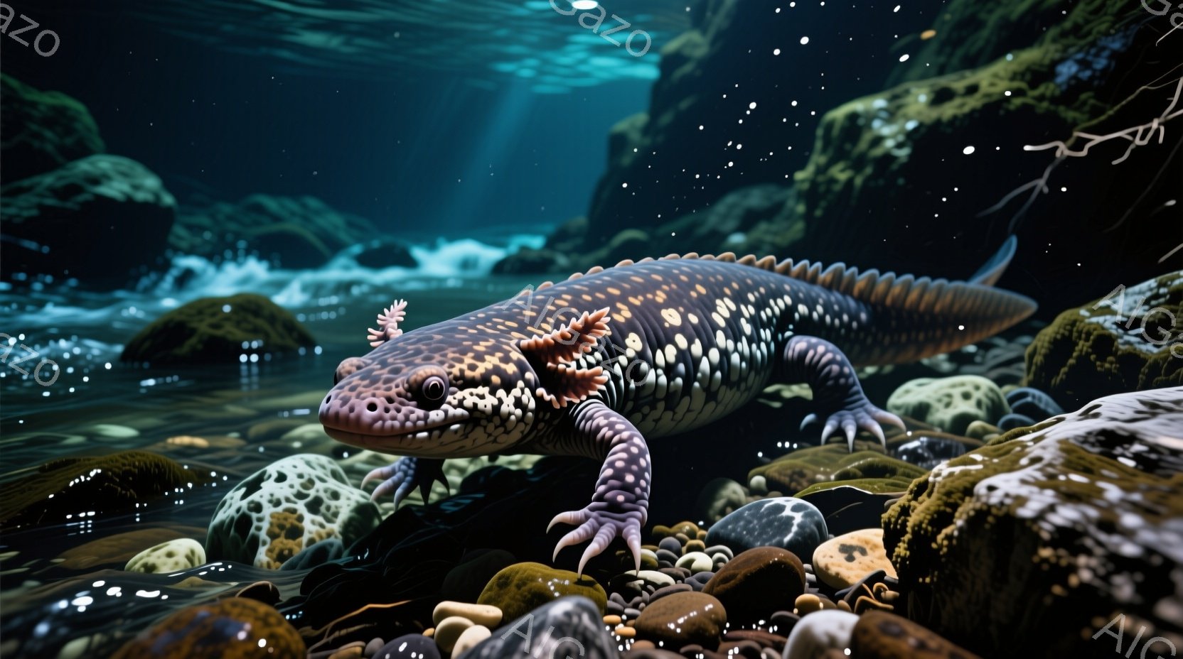水中の岩場にいるオオサンショウウオが描かれています。オオサンショウウオは、暗い体色に黒い斑点が入り、紫色の手足を持っています。背景には、水中の岩や苔、そしてぼんやりとした光が見え、神秘的な雰囲気を醸し出しています。
