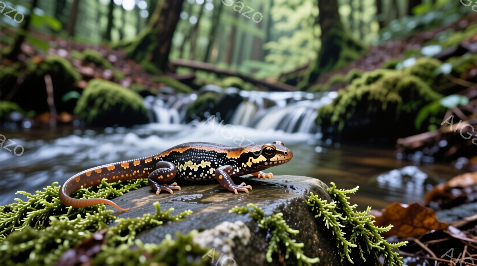 鮮やかなオレンジと黒の模様を持つオショロコウが、苔むした岩の上にちょこんと座っています。背景には水が流れる小川があり、緑豊かな自然が広がっています。湿った空気を感じさせる、静かで穏やかな雰囲気の写真です。