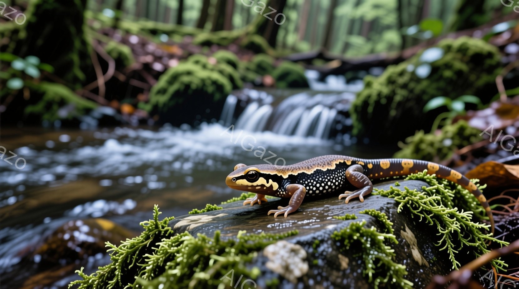 岩の上に鮮やかなオレンジと黒の模様をしたサンショウウオが佇んでいます。背景には水が流れる小川と緑豊かなコケが生い茂る岩場が広がり、湿った自然の雰囲気が漂っています。光の当たり具合で、サンショウウオの皮膚がわずかに光沢を帯び、生き生きとした様子が伝わってきます。