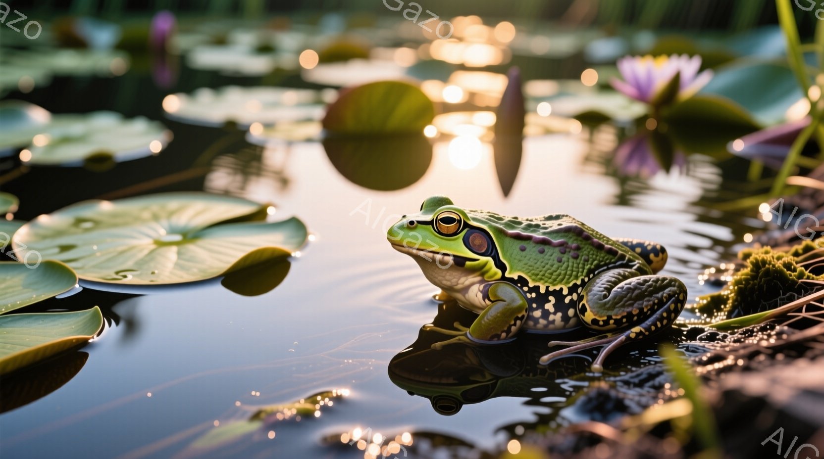緑色の大きなカエルが水面に浮かぶ睡蓮の葉の上に座り、正面を見つめている。背景には、ぼやけた水面と、咲き始めた紫色のスイレンの花がいくつか見え、水辺の穏やかな自然を感じさせる。光が水面で反射し、カエルと - AI生成フリー素材