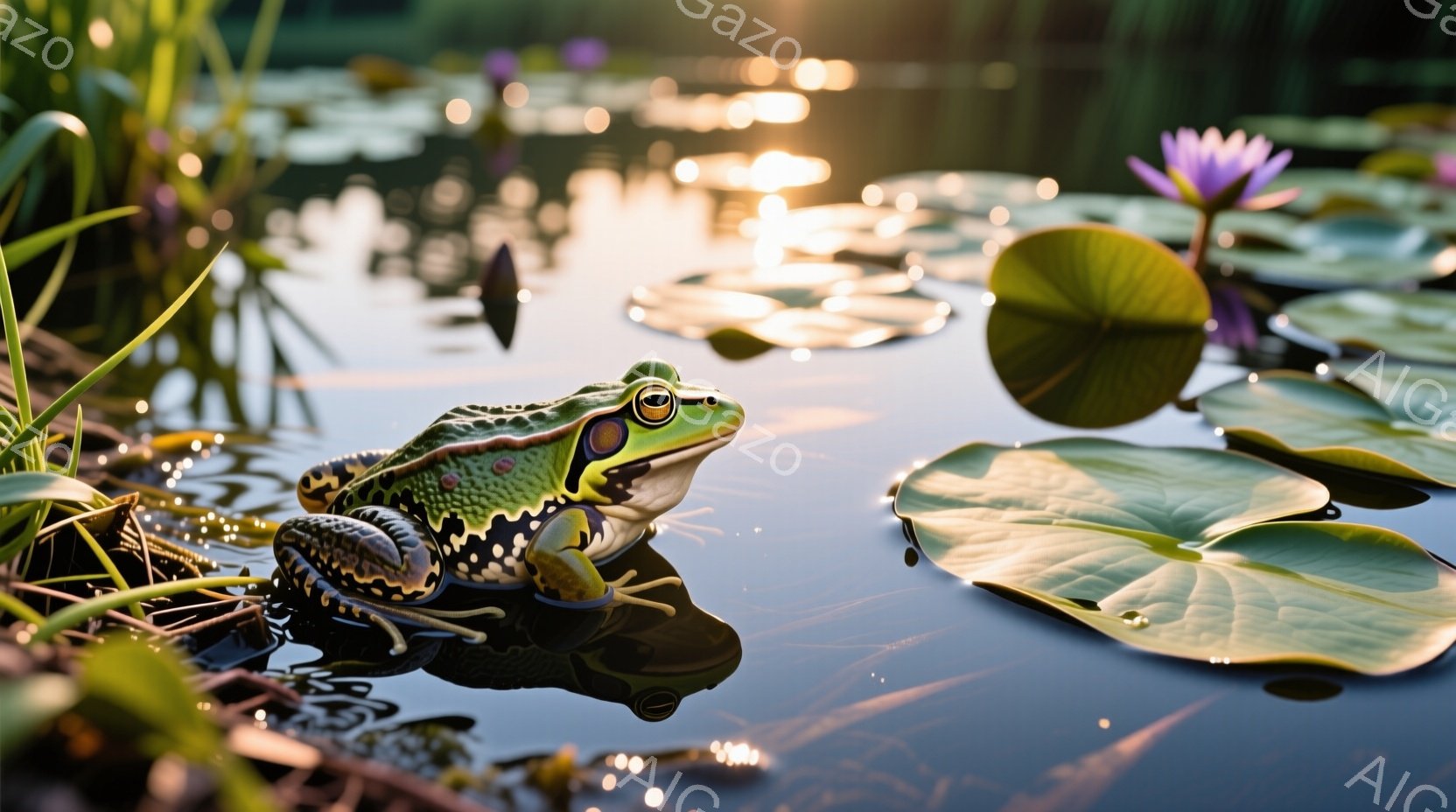 緑色の大きなカエルが、睡蓮の葉の上に座って正面を見ています。水面にはカエルの影と、周囲の緑豊かな植物が映り込み、薄紫色の睡蓮の花が咲いています。穏やかな光が水面に反射し、静かで平和な雰囲気を醸し出して - AI生成フリー素材