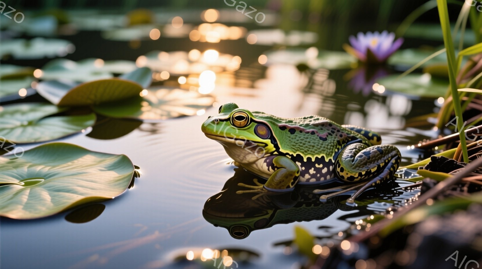 鮮やかな緑色のカエルが、水面に浮かぶ大きな葉っぱの上にどっしりと座っています。その体には黒い斑点が散りばめられ、目は金色に輝いています。背景には、水面と植物が映り込み、穏やかで自然な雰囲気が漂っています。