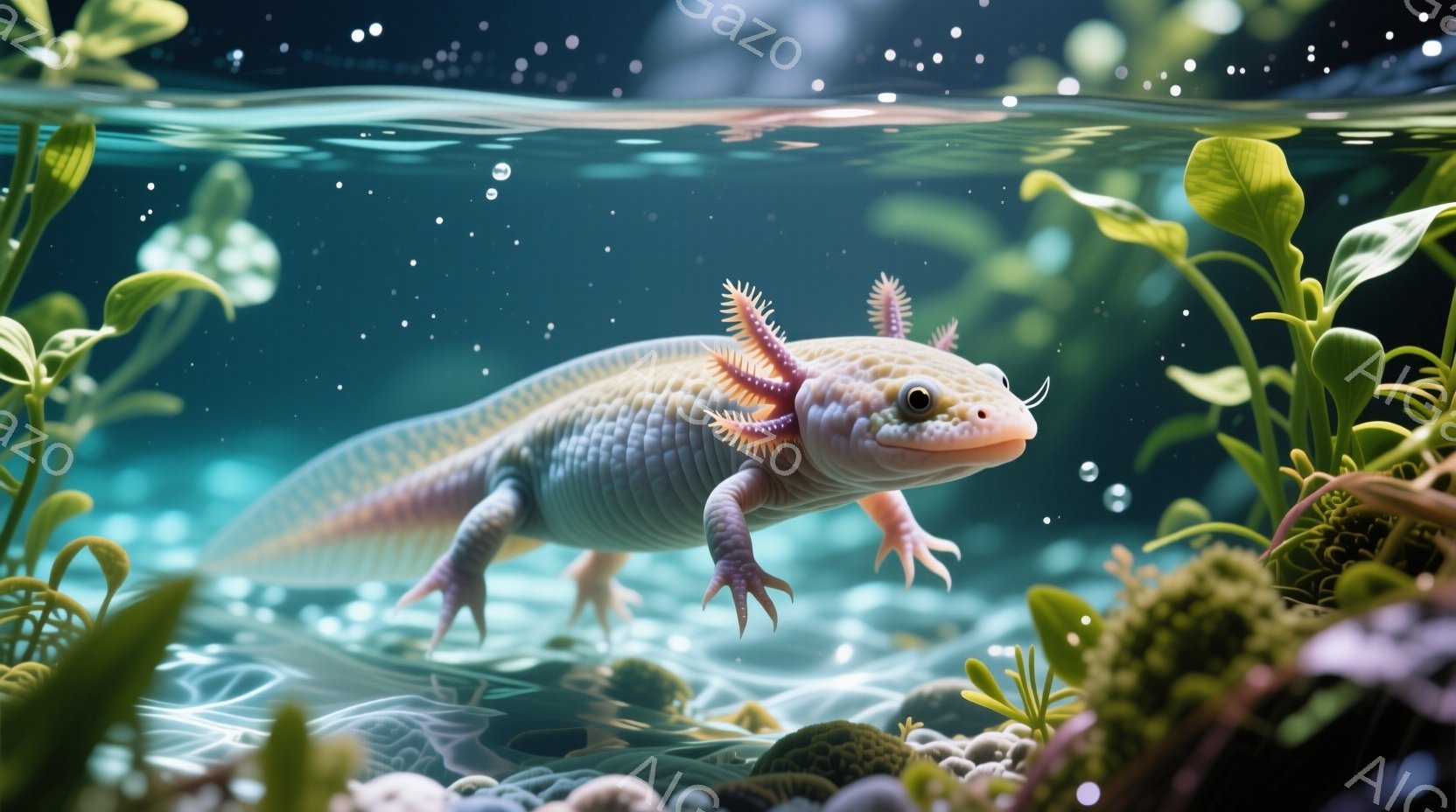 画像は水中の明るいピンク色の軸突（イモリ）を捉えており、穏やかで少し微笑んだ表情をしています。背景は水草や小石で覆われた水中の風景で、光が水面から差し込み、神秘的な雰囲気を醸し出しています。軸突はリラックスした姿勢で、まるで水中を優雅に漂っているかのようです。