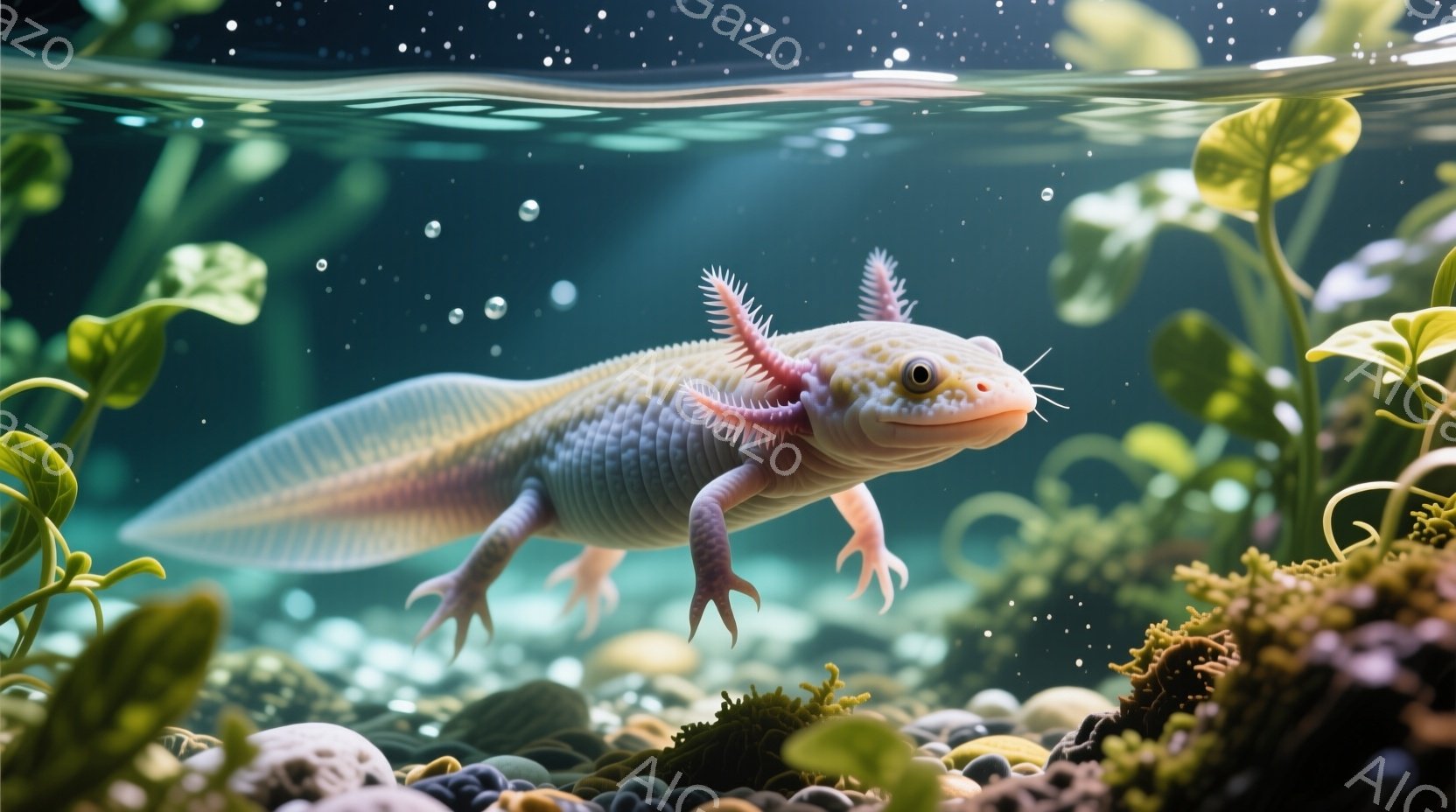 淡いピンク色の軸足を持つ幼い軸足が水中で泳いでいる。周囲には緑色の水草や小さな石が散りばめられ、水中に漂う小さな泡が幻想的な雰囲気を醸し出している。全体的に穏やかで可愛らしい雰囲気が漂う、水中の生き物のポートレート写真である。