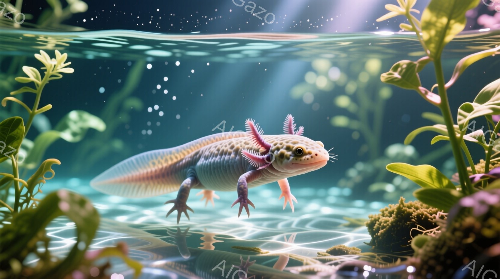淡いピンク色の姿をしたアホロートルが、水中で優雅に泳いでいる様子が捉えられています。周囲には緑色の水草が茂り、水底には岩や苔が生えており、幻想的な水中世界を表現しています。光が差し込み、水中に煌めきを添え、穏やかで神秘的な雰囲気を醸し出しています。