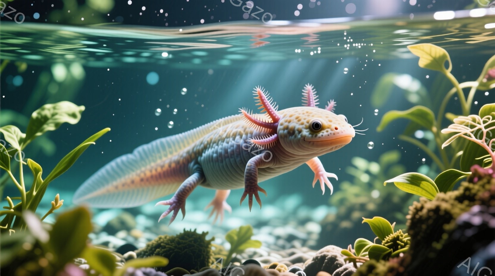 淡いピンク色の軸突が水中で優雅に泳いでいる様子が捉えられています。その姿は丸みを帯びており、頭部には可愛らしい小さな触覚が生えています。背景には緑色の水草や岩場がぼんやりと見え、水中に漂う光が幻想的な雰囲気を醸し出しています。