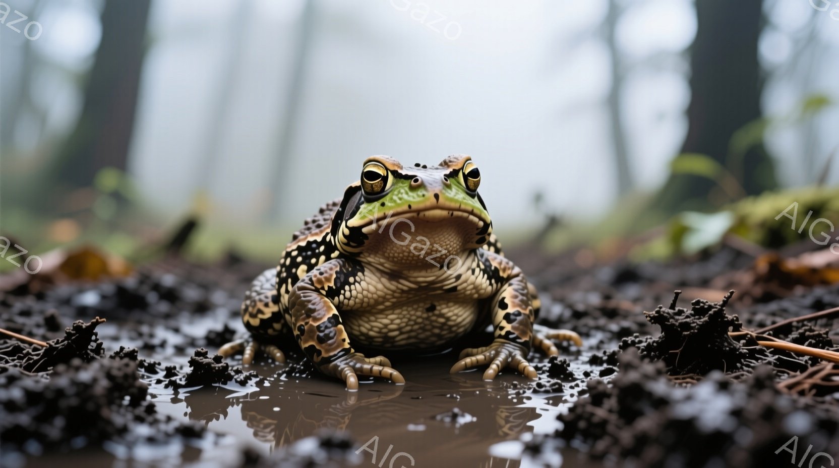 巨大なヒキガエルが泥水の中に座っており、鮮やかな緑色と茶色の斑点模様が特徴的です。その目は金色で鋭く、正面を見据えています。背景はぼやけた自然で、湿った土と枯れ葉が広がり、全体的にどんよりとした、湿った雰囲気が漂っています。