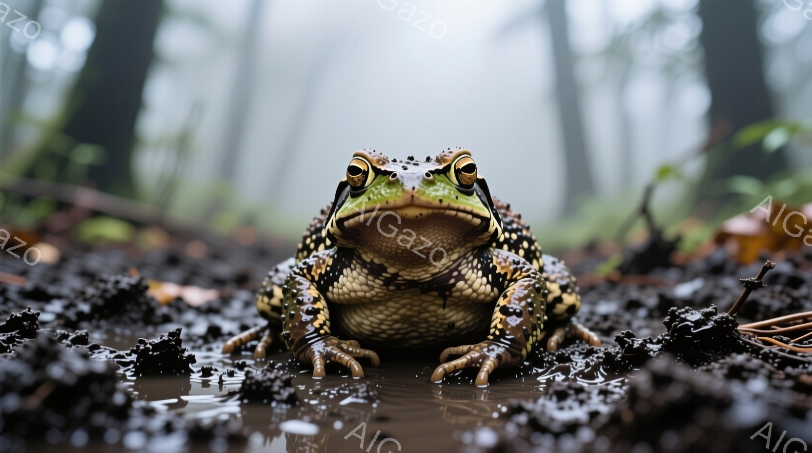 湿った土の上に、大きなヒキガエルが正面を向いて座っています。その姿はどっしりとしており、丸い瞳は好奇心と警戒心を湛えています。背景はぼやけた緑の植生で、霧がかった薄暗い森の雰囲気を醸し出しています。