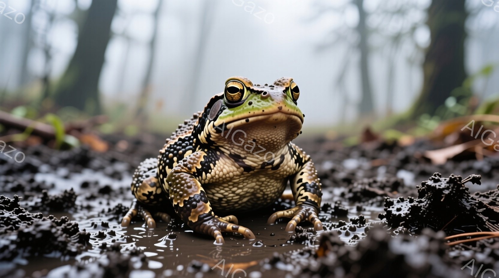 鮮やかな色彩のヒョウモンダコが泥濘の中に座っており、その瞳は鋭く見開いています。周囲は湿った土と落ち葉で覆われ、背景は霧に包まれた森の風景がぼんやりと見えます。 全体的に、湿潤で自然な雰囲気が漂い、野生の生命の力強さが感じられます。