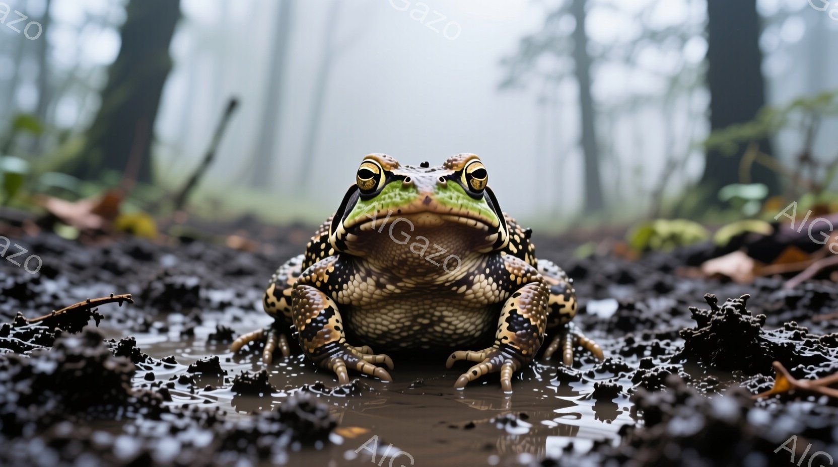 泥だらけの地面に大きなヒキガエルが座っており、その表情は正面をまっすぐ見据え、少し威圧感があります。 ヒキガエルの肌は鮮やかな緑色と濃い色の斑点で覆われ、水たまりにその姿が映り込んでいます。 背景は霧に包まれた森で、暗く、湿った雰囲気が漂っています。