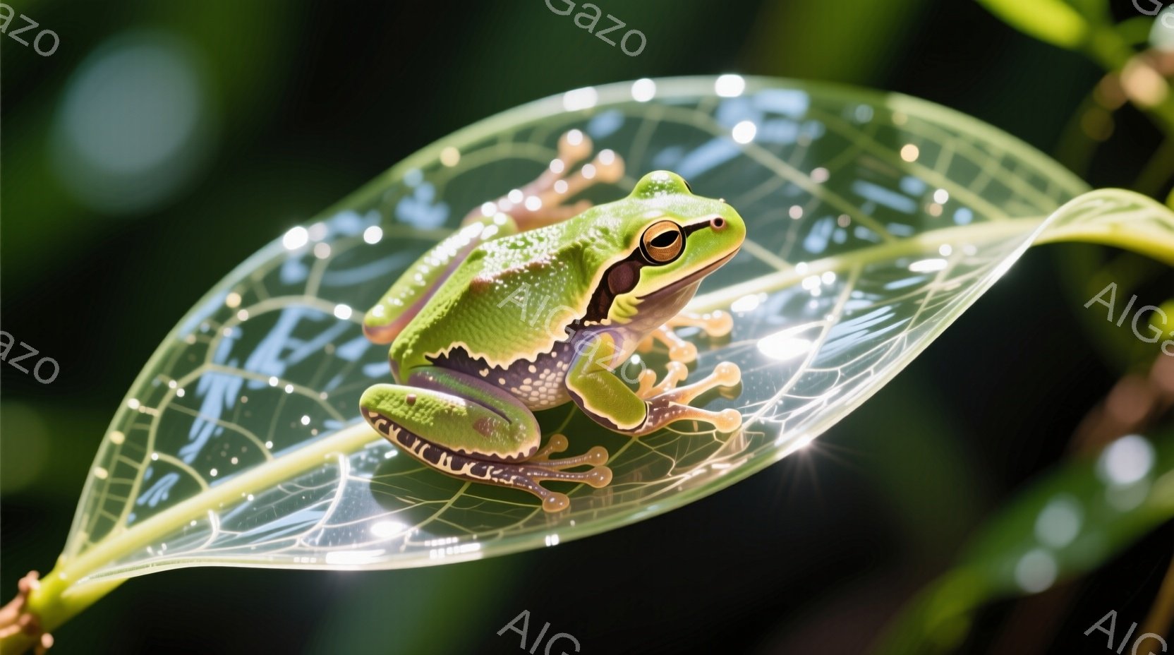 鮮やかな緑色のカエルが、半透明の葉の上に座っている。カエルは体の側面に見える縞模様を持ち、前足で葉につかまり、後ろ足は曲げている。背景は緑豊かな自然で、葉の透明感とカエルの鮮やかな色が対照的で、生命力に満ちた雰囲気を醸し出している。