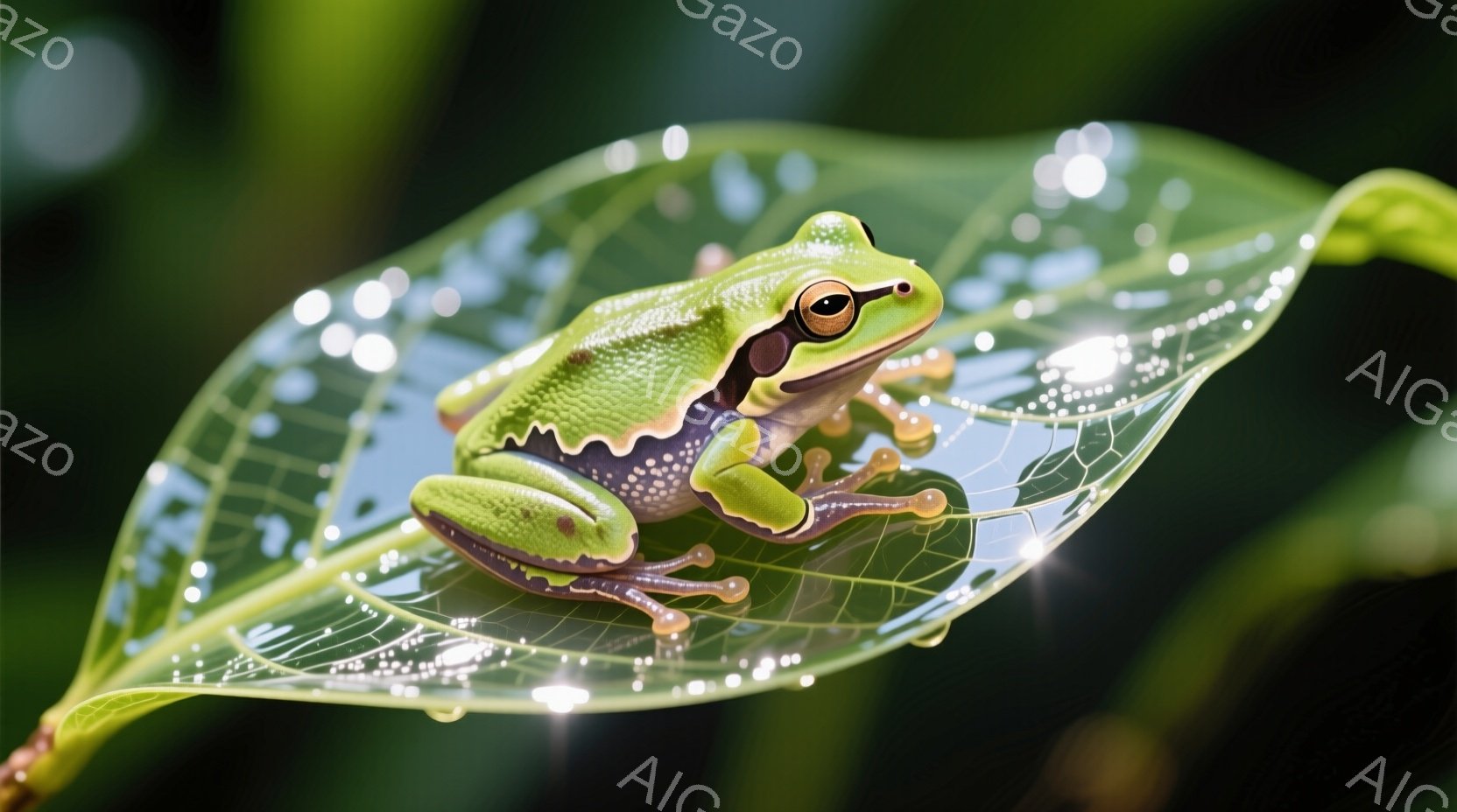 明るい緑色の小さなカエルが、葉脈がはっきり見える透明な葉の上に座っています。カエルの目は大きく、茶色い虹彩が特徴的で、その体には、黒い縞模様が見られます。葉は水滴で覆われており、背景は緑色の植物で、全体的に雨上がりのような、新鮮で生命力に満ちた雰囲気が漂っています。