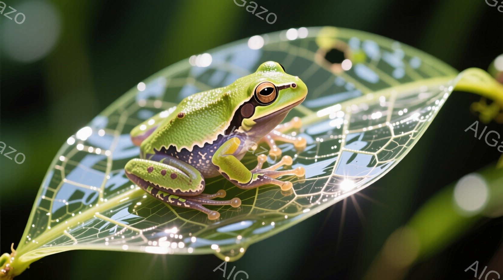 緑色の葉の上に座る小さなカエルが写っています。 カエルは鮮やかな緑色で、黒い縞模様があり、大きな茶色の目と鋭い表情をしています。葉は半透明で、葉脈がはっきりと見え、背景にはぼやけた緑色の植物が見られます。