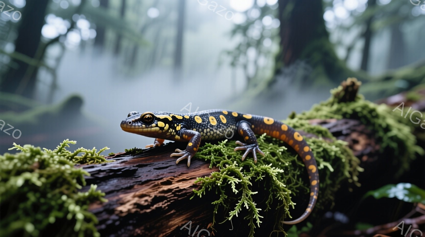 鮮やかなオレンジ色の斑点と黒い模様を持つオオサンショウウオが、苔むした木の幹に横たわっている。その目は鋭く、周囲を警戒しているように見える。背景は霧に包まれた森林で、湿り気のある緑豊かな雰囲気を醸し出している。