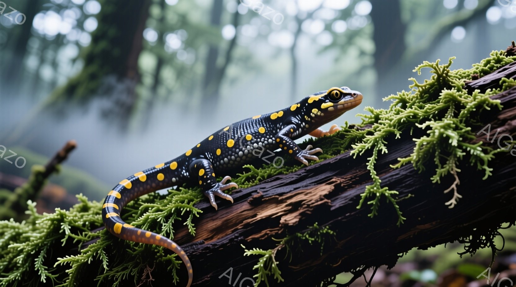 黒地に黄色い斑点を持つサンショウウオが、苔むした木の枝に止まっています。その姿は横向きで、鋭い眼差しと鮮やかな色彩が印象的です。背景は緑豊かな森林で、霧が立ち込め、湿潤で神秘的な雰囲気を醸し出していま - AI生成フリー素材
