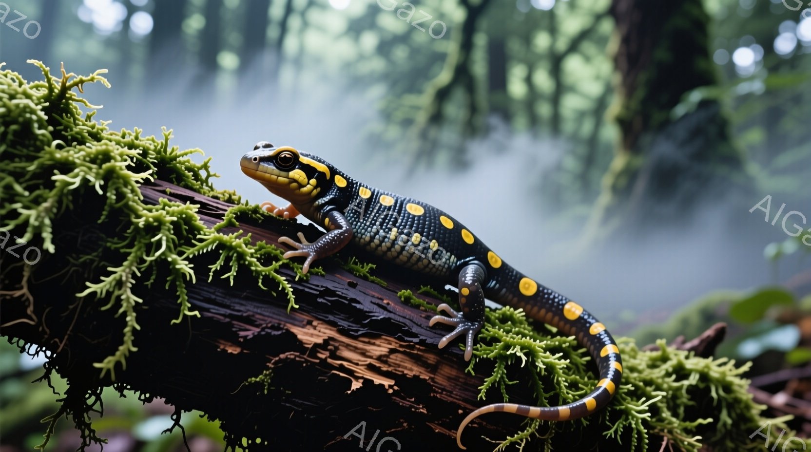 緑色の苔が生えた木の枝に、黒と黄色のまだら模様のサンショウウオがとぐろを巻いて休んでいる。サンショウウオは鮮やかなオレンジ色の顔を持ち、落ち着いた表情でこちらを見ている。背景はぼやけた緑色の森林で、霧がかかっており、湿った自然の雰囲気が漂っている。