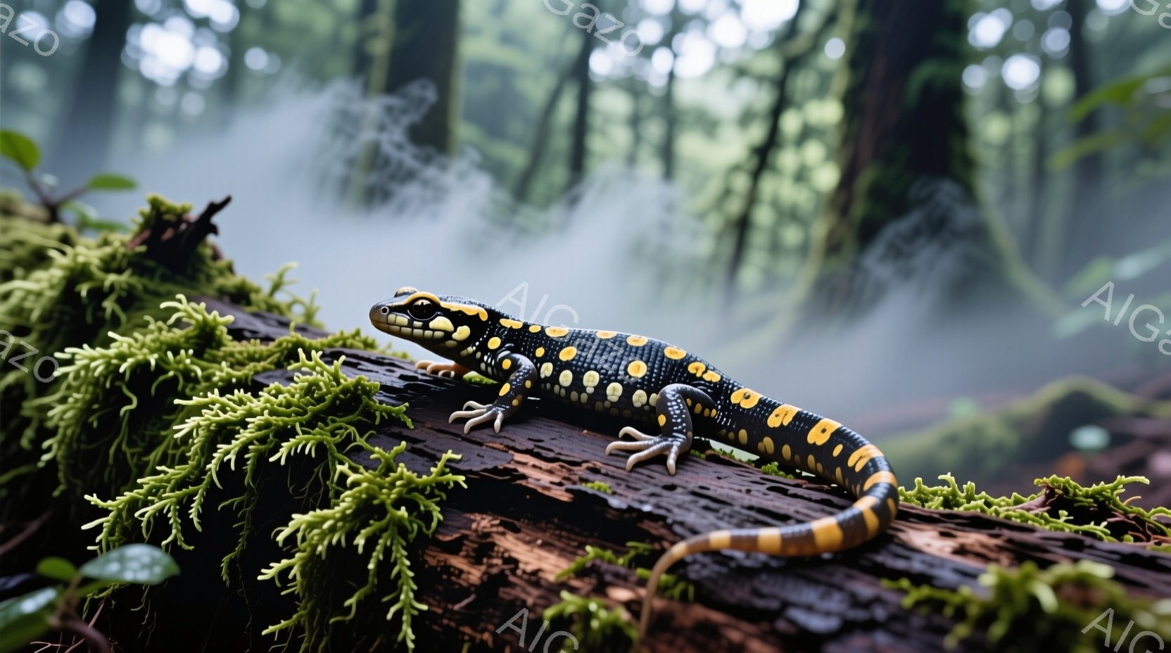 朽ちかけた木の上に、黄色い斑点模様の黒いトカゲが横たわっています。トカゲは正面を見据え、細い足で木にしっかりと掴まっています。背景は緑豊かな苔と霧に覆われた森で、湿った雰囲気が漂っています。