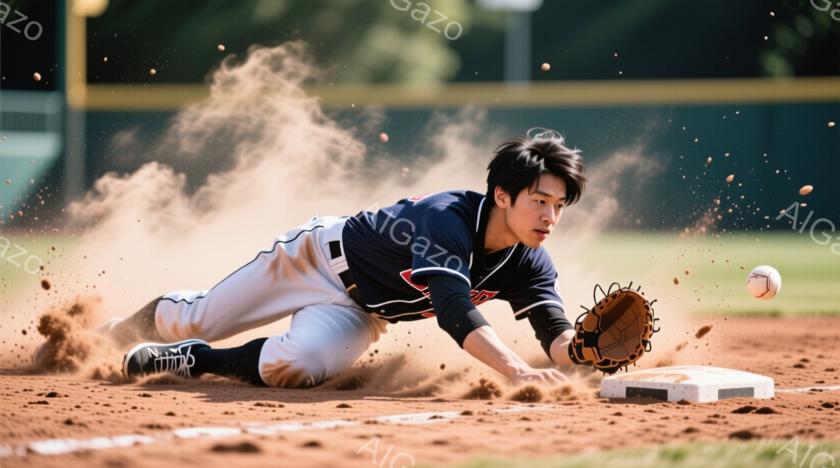野球選手がベースへのスライディングを試みており、土埃が舞い上がっている。彼は紺色と白色のユニフォーム、黒いソックス、野球用手袋を着用し、黒髪を短く刈り込んでいる。背景には野球場の一部と緑豊かな木々が見え、晴天の下、活気のある試合の瞬間を捉えている。