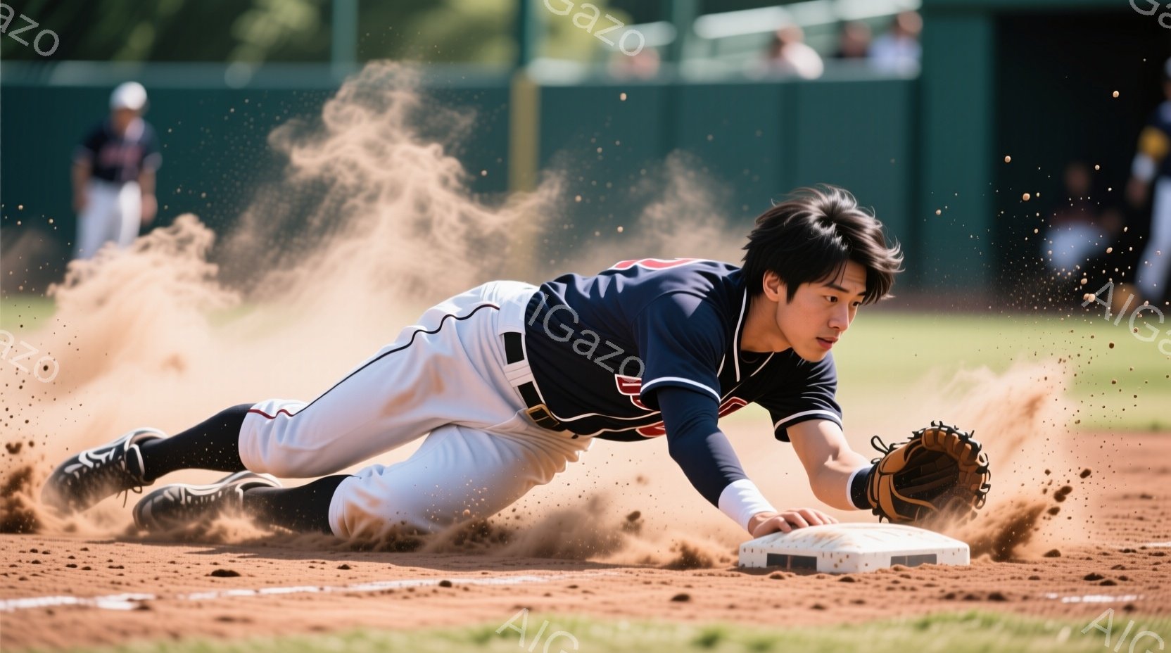 野球選手が土埃を巻き上げながらベースにスライディングしている様子が捉えられています。黒と白のストライプが入ったユニフォーム姿で、短髪で前髪を下ろした選手は、集中した表情で手をベースに伸ばしています。背景には緑豊かな木々と、ぼやけた観客席が見え、晴天の下での試合の熱気が伝わってきます。