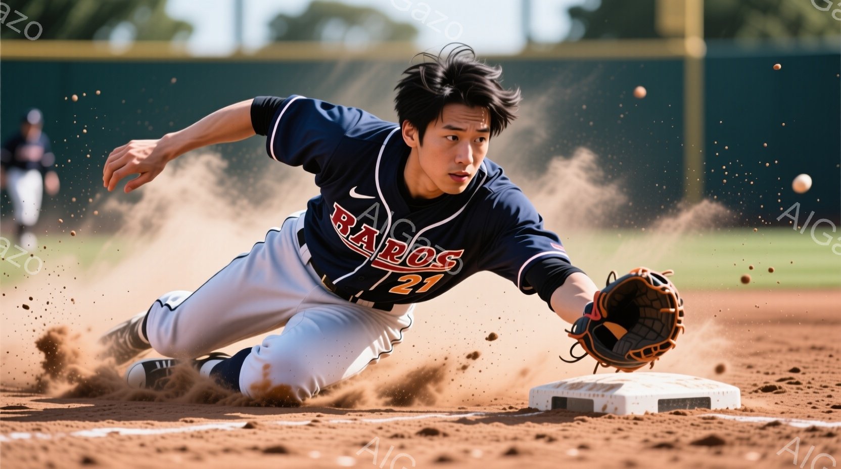野球選手がベースへスライディングしている瞬間を捉えた写真です。濃い紺色のユニフォームには「BAROS」と数字の「21」が大きくプリントされており、野球帽を被っています。土埃が舞い上がり、ベース周辺のグラウンドが赤茶色に染まっていることから、激しいプレーの様子が伺えます。