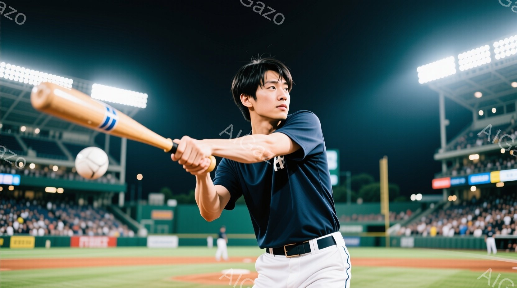 野球選手がバッティングの瞬間を捉えた写真です。紺色のユニフォームと白いズボンを着用し、黒髪を短く整えています。背景には観客席が広がり、夜間の野球場であることを示しています。