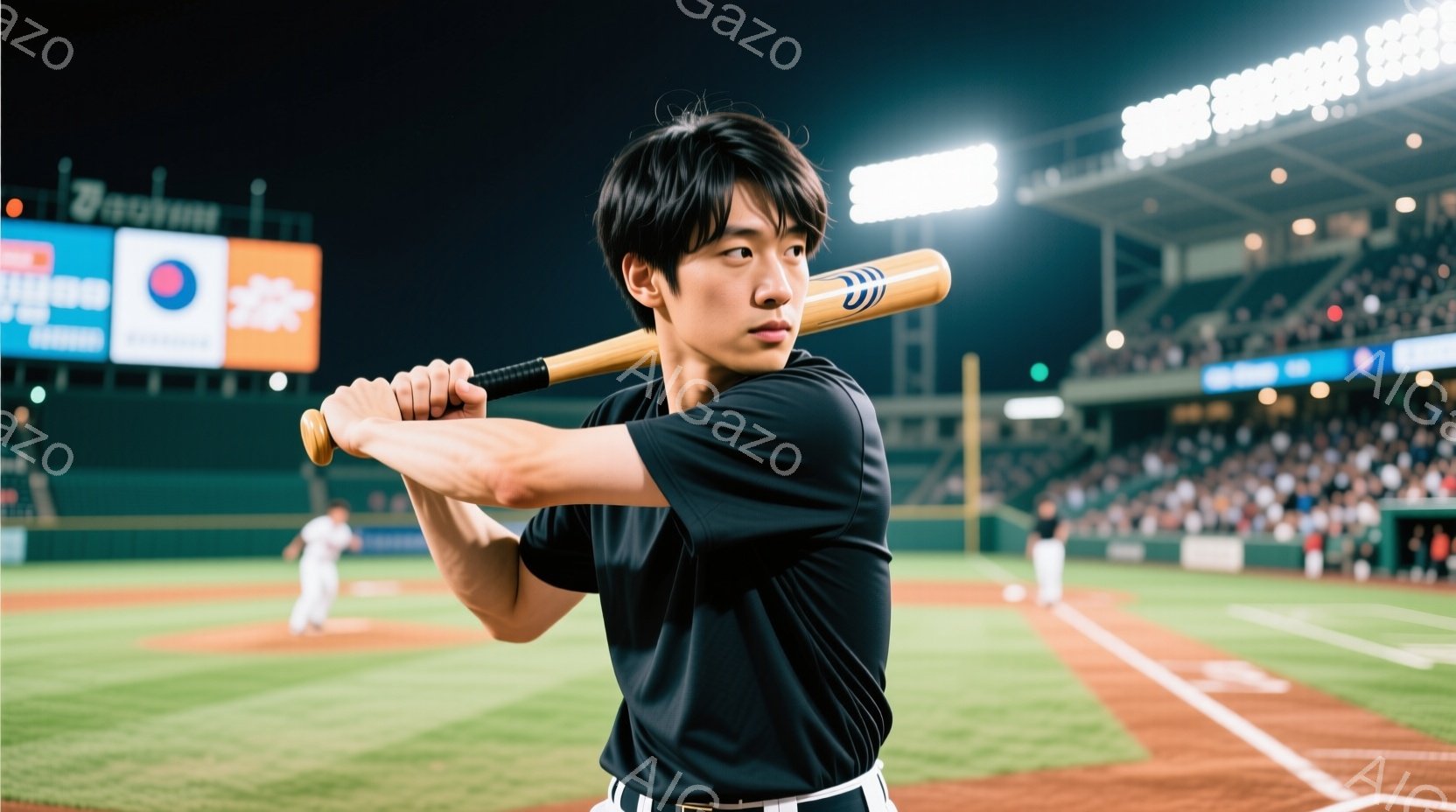 野球選手がバッターボックスに立ち、スイングの準備をしている姿が写っている。黒いシャツに白いズボンを着用し、髪は短く整えられている。背景には観客席が広がり、夜間の野球場という雰囲気が伝わる。 - AI生成フリー素材