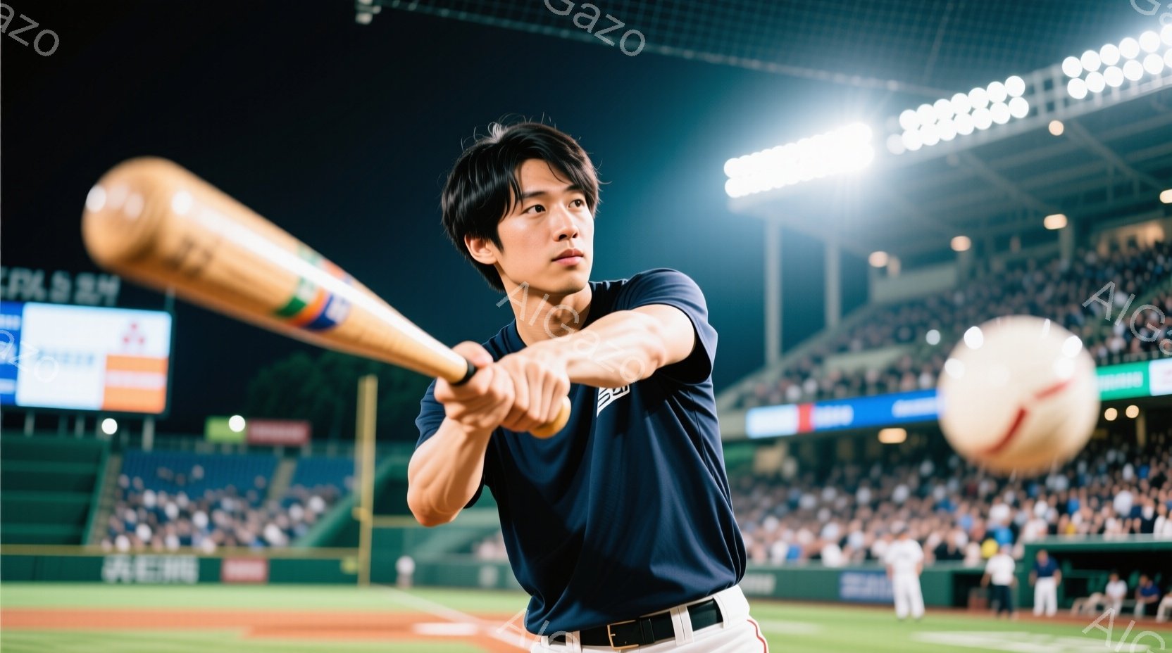 野球選手がバッティングフォームで写っている。紺色のユニフォームに白いズボンを着用し、真剣な表情でバットを振りかぶっている。背景には満員の観客席と夜間の野球場が見え、活気にあふれた雰囲気を感じさせる。