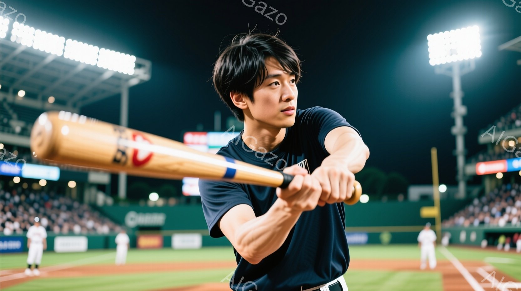 野球選手と思しき若い男性が、バットを構えてスイングの準備をしている姿が写っている。濃い青色のシャツに白いベルト、黒いズボンを着用し、短髪で真剣な表情をしている。背景には観客席やフィールド、夜空に照らさ - AI生成フリー素材
