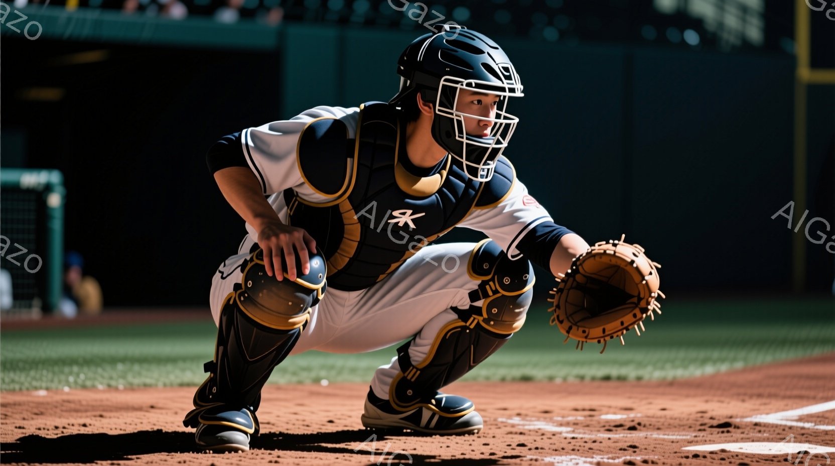 野球のキャッチャーが、膝をついて構え、ボールを受ける準備をしている姿が写っている。白地に黒のラインが入ったユニフォーム、ヘッドギア、プロテクターを着用し、集中した表情でボールを見つめている。背景には、 - AI生成フリー素材