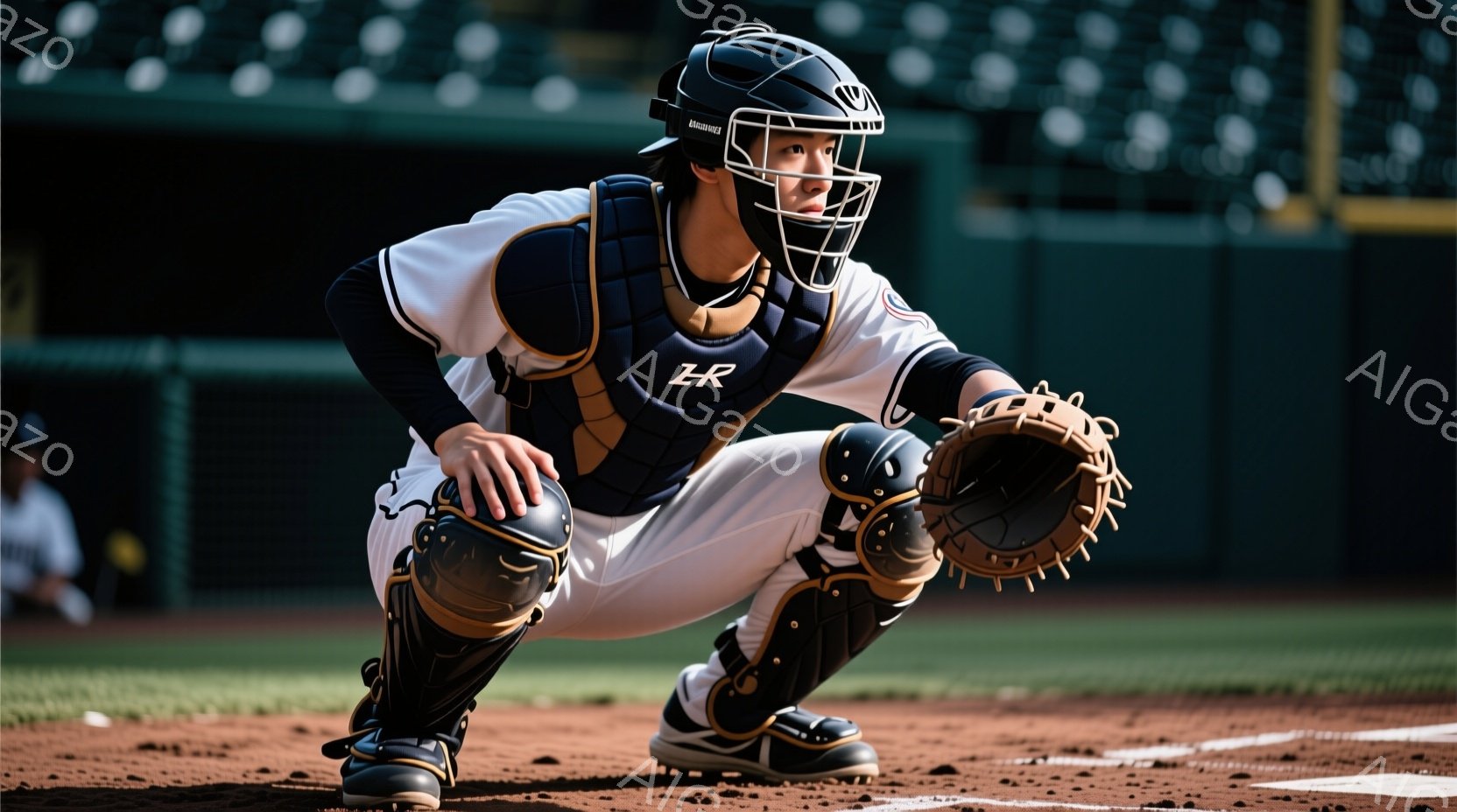 野球のキャッチャーが、土のフィールドにしゃがみこんでいる様子が写っています。黒いヘルメット、プロテクター、レッグガードを着用し、黒と白の野球ユニフォームを着ています。背景には、緑の芝生と観客席が見え、試合が行われている雰囲気です。
