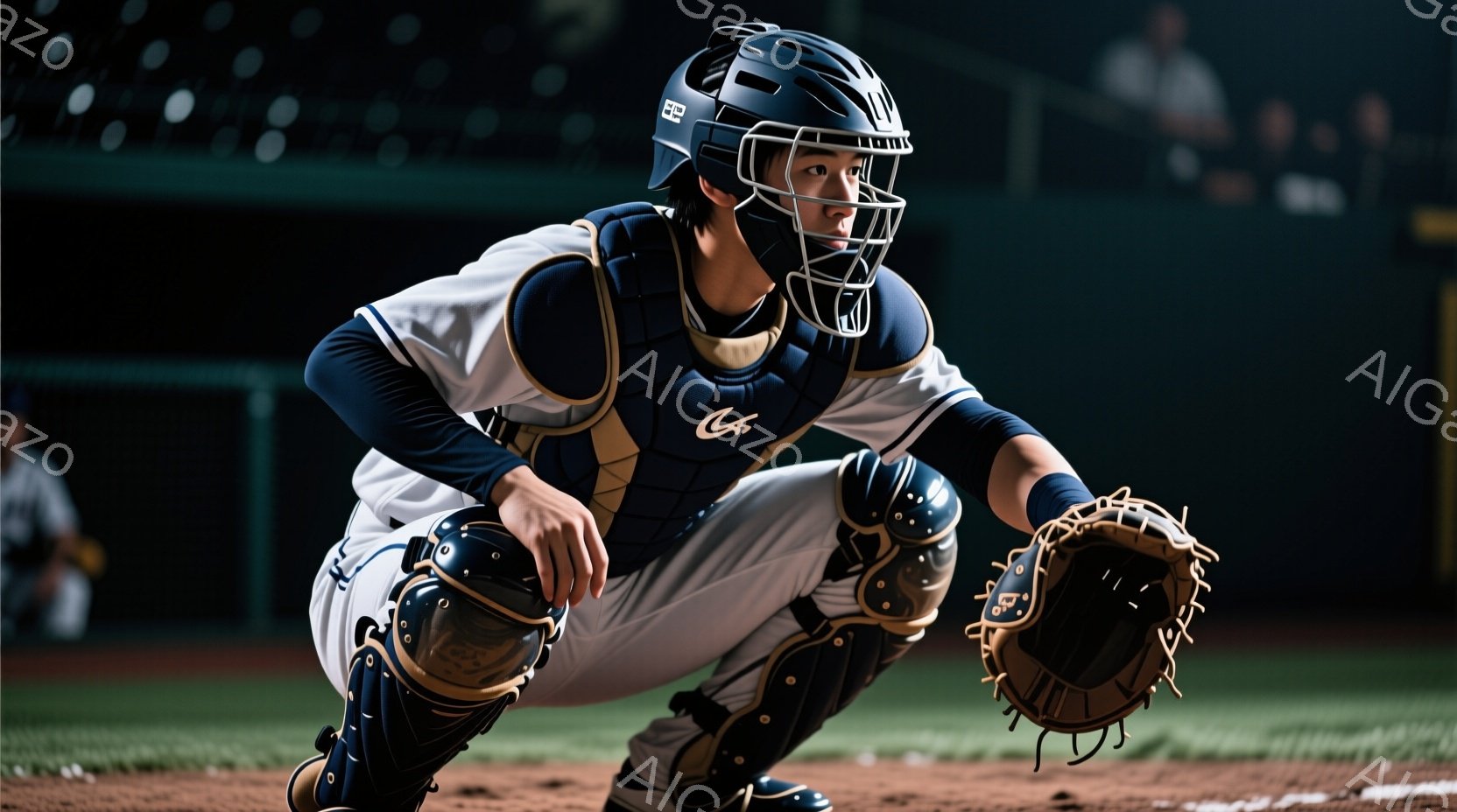 野球のキャッチャーが、グラウンドにしゃがみこんで構えています。白と紺色のキャッチャーズギアを身に着け、ヘルメットの下には真剣な表情がうかがえます。背景には緑のフィールドと暗い観客席が見え、試合の緊張感 - AI生成フリー素材