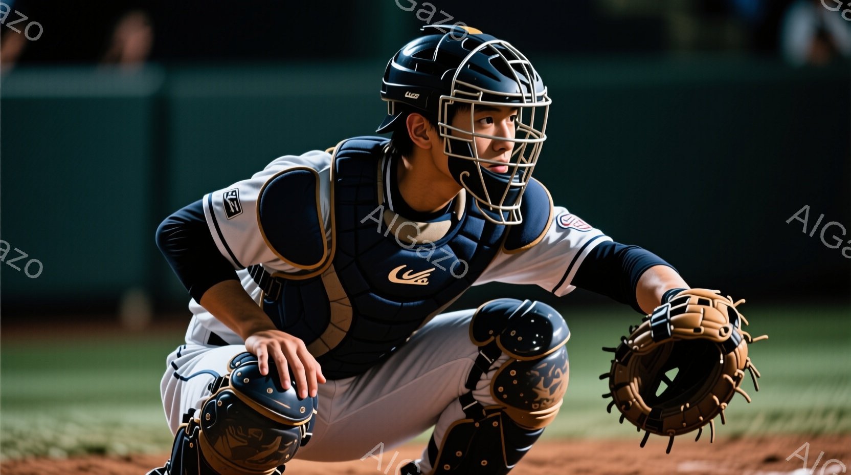 野球のキャッチャーが、膝をついて構え、ボールを受ける準備をしている様子が写っている。濃い青色のユニフォームに、白のラインとロゴが入っており、キャッチャーのプロテクター一式を着用している。背景は暗く、野 - AI生成フリー素材