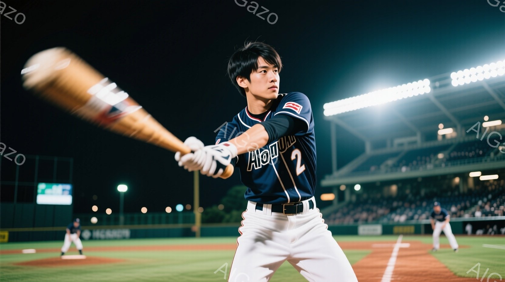 夜の野球場において、紺色のユニフォームに「Aloha」と背番号2が書かれた打者がバットを振り抜こうとしている。髪型は短く、集中した表情で、力強くスイングしている姿が捉えられている。背景には観客席と照明がぼやけており、試合の臨場感と夜の静寂さが共存する雰囲気である。