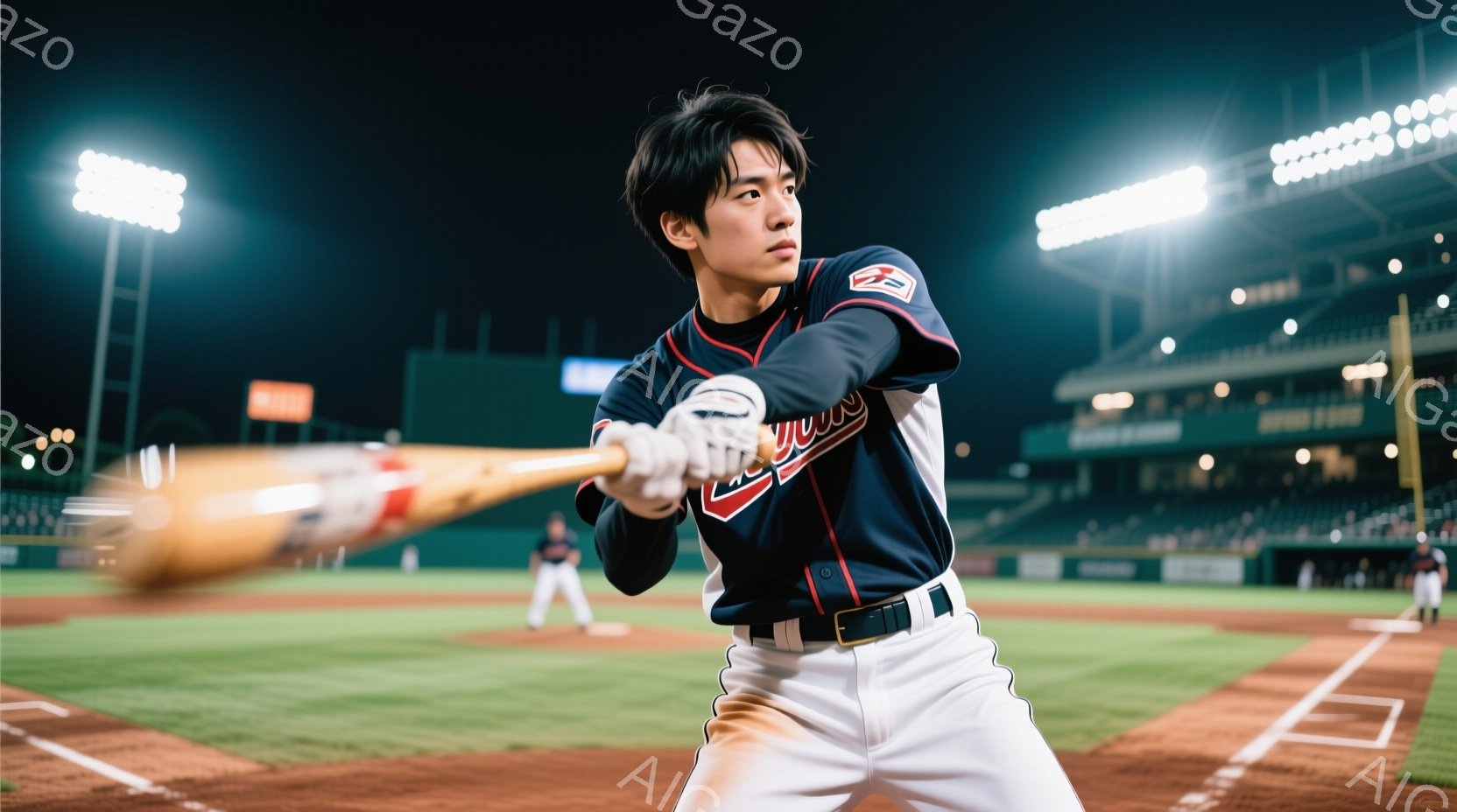 野球選手がバッティングをしている様子が捉えられています。黒髪で、集中した表情でバットを振る姿は、緊迫感と力強さを感じさせます。背景には観客席や照明がぼやけ、夜の野球場の雰囲気が伝わってきます。 - AI生成フリー素材