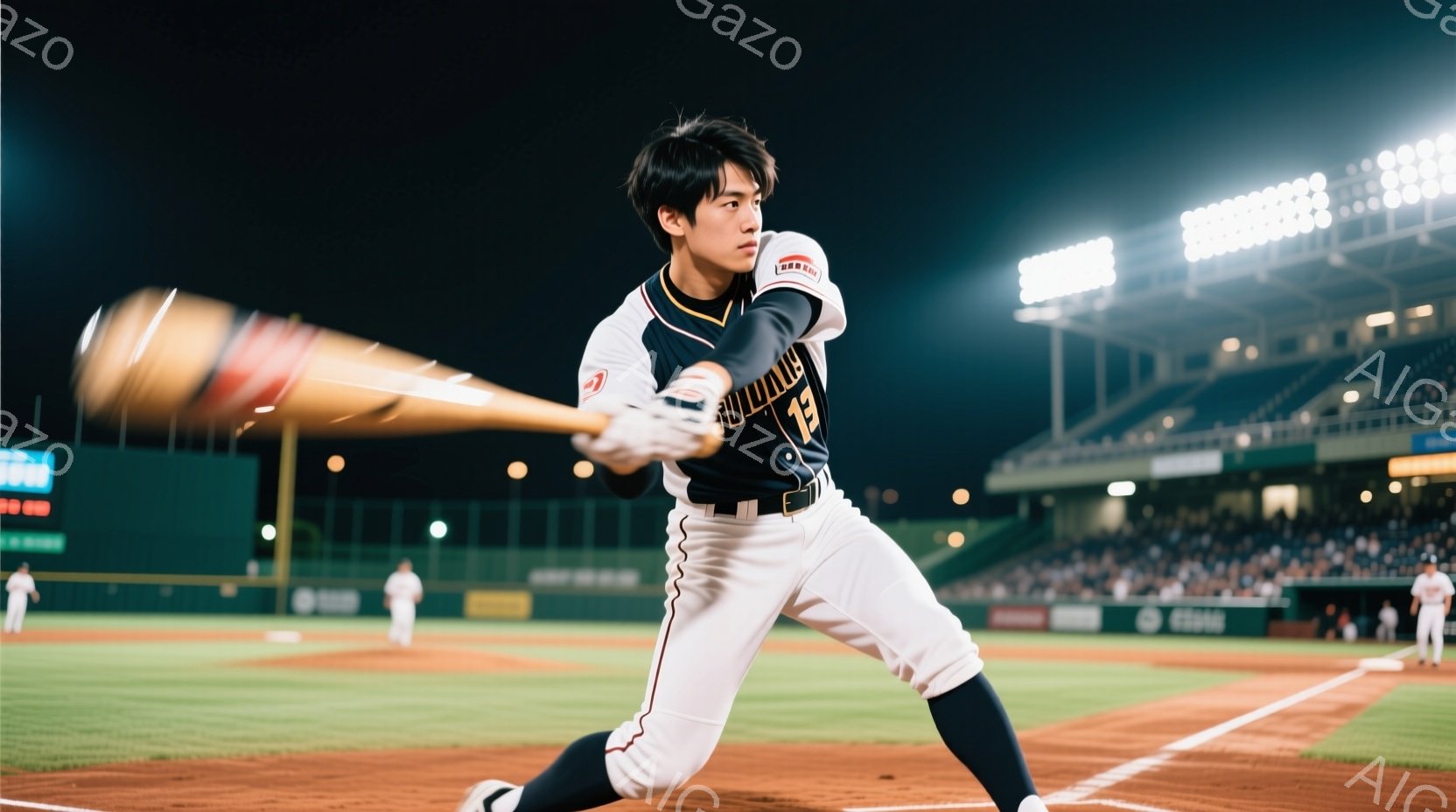 野球選手がバッターボックスでスイングしている様子が捉えられています。彼は白いユニフォームに黒いライン、そして背番号13をつけ、短髪で引き締まった表情をしています。背景には夜の野球場があり、観客席には多 - AI生成フリー素材