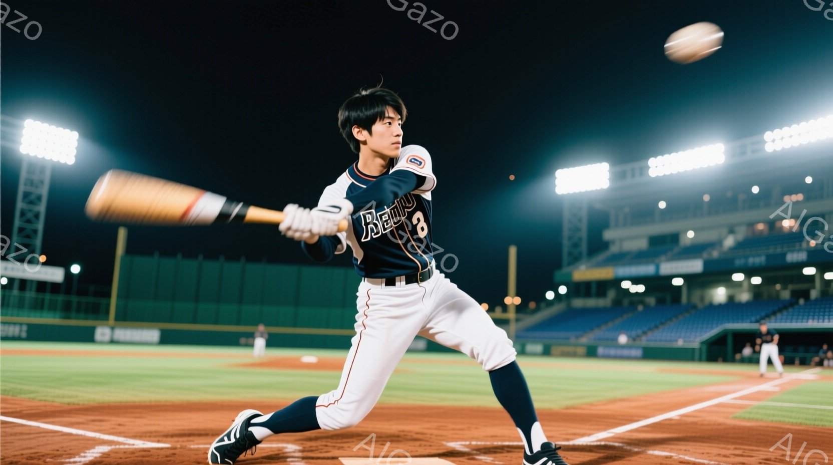野球選手がバッティングのフォームで写っている。白と紺色のユニフォームに背番号「8」が入り、黒いヘルメットを着用、短髪で力強い表情をしている。背景には夜の野球場が広がり、観客席や照明がぼやけて見える。 - AI生成フリー素材