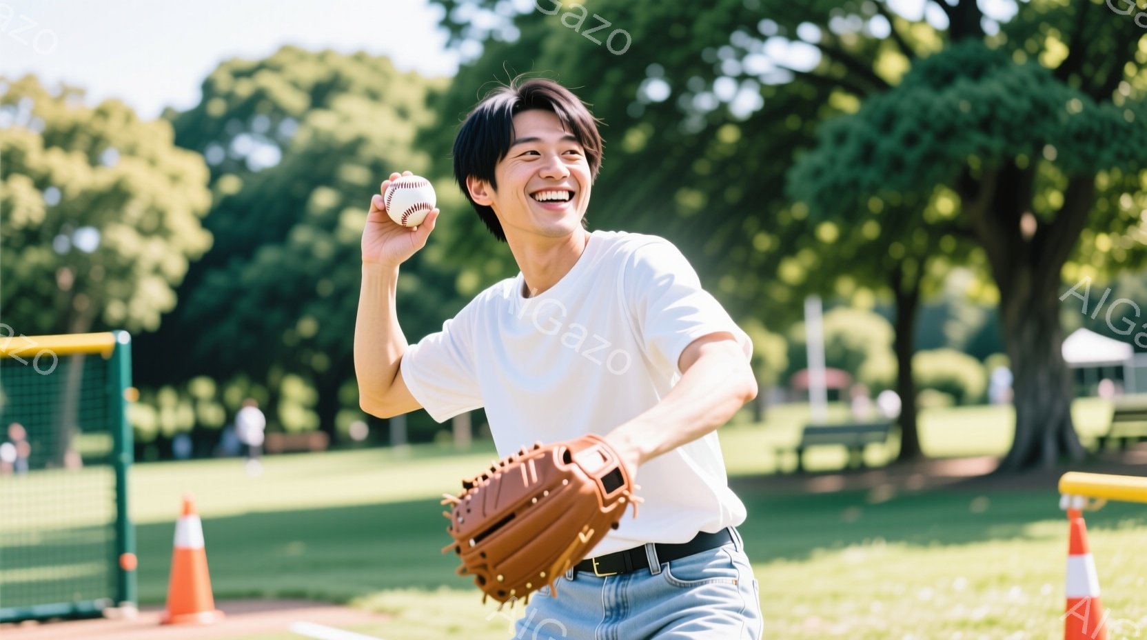 白いTシャツとジーンズを着た若い男性が、野球のボールを投げる直前のポーズをとっています。彼は笑顔で、少し前かがみになり、左手にグローブ、右手にボールを持っています。背景には緑豊かな公園と野球場の設備が - AI生成フリー素材
