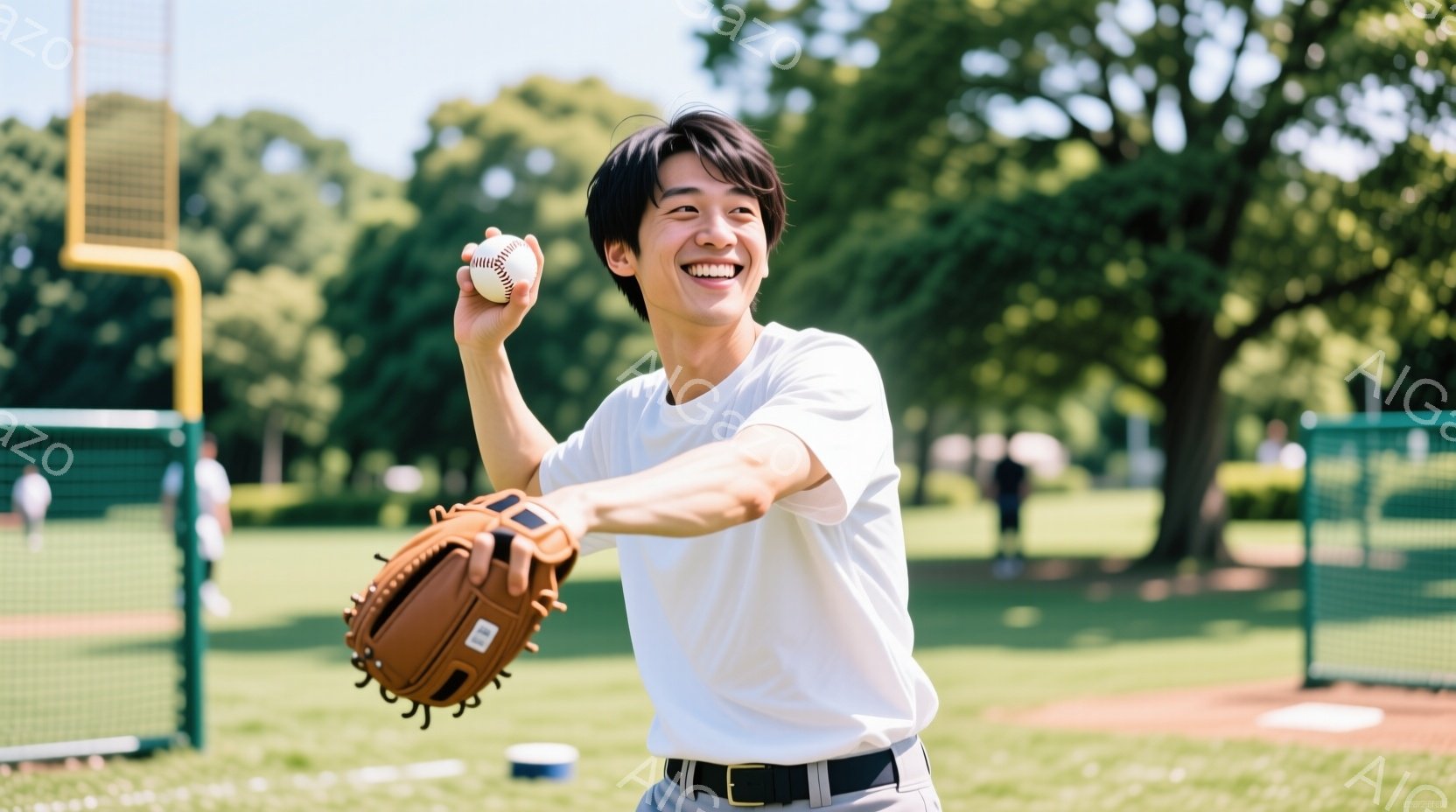若い男性が野球の準備をしている様子が写っている。白いTシャツとグレーのズボンを着用し、笑顔でボールを投げようとしている。背景には緑豊かな芝生と木々、そして野球のネットとベースがあり、晴れた日の屋外での活動を連想させる。